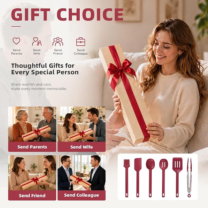 Kitchen Utensils Set 6 PCS,Silicone Cooking Utensils Set Spatula Set,446℉ Heat Resistant Cooking Utensils,Tongs,Spoon,BPA Free Kitchen Gadgets Appliances for Non-Stick Cookware,Home Essential(Red-6P)