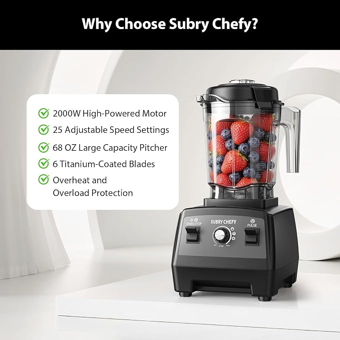 Countertop Blender Pro 2000W, Professional High-Speed Blender with Powerful Brushless Motor, 25-Speed, 68oz, Heavy Duty Kitchen Blender for Smoothies, Ice Crushing & Food Prep, Black