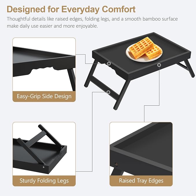 Bamboo Breakfast Trays with Folding Legs, Medium, 2-Pack, Black | Set of 2 bamboo bed trays with folding legs and wave handles for meals, laptops and serving in bed or on sofa.