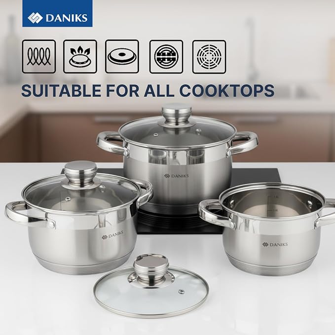Daniks Standard 6-Piece Stainless Steel Cookware set with Glass Lid, Tri-Ply Bases for Even Heating, Induction Compatible, Dishwasher Safe, Built-In Measuring Scale, Silver