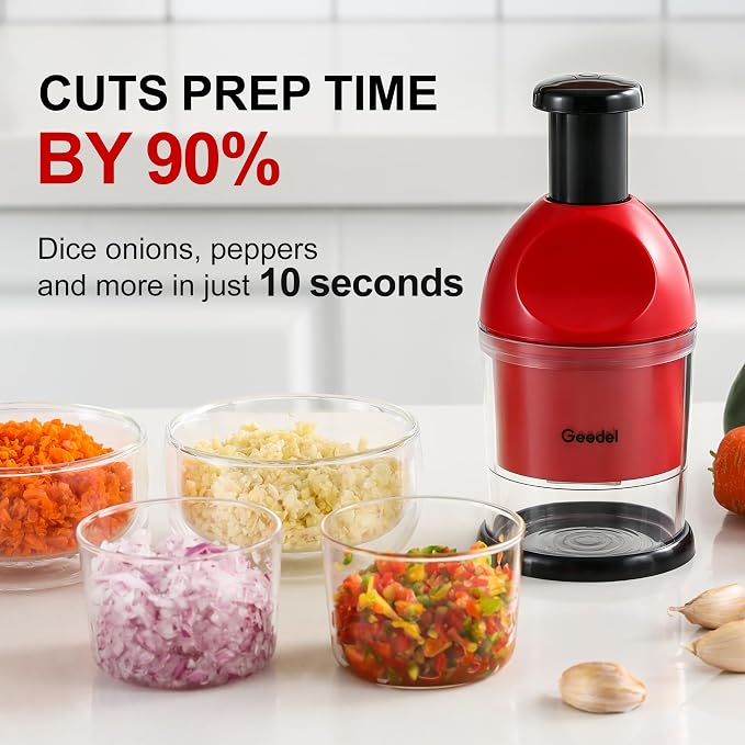 Geedel Food Chopper, Easy to Clean Manual Hand Vegetable Chopper, Dishwasher Safe Slap Onion Cutter for Veggies Onions Garlic Nuts Salads Red | Hand Chopper for Veggie Onions Garlic Nuts Salads, Fast & Even Chopping, Sharp Stainless Steel Blade, Dishwa...