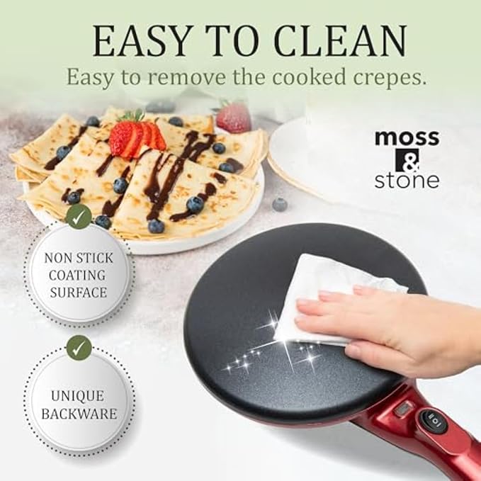 Moss & Stone Red Electric Crepe Maker, 8" Portable Nonstick Crepe Pan | Nonstick dipping plate, auto shut-off, on/off switch, even heating, dual temperature control, compact design