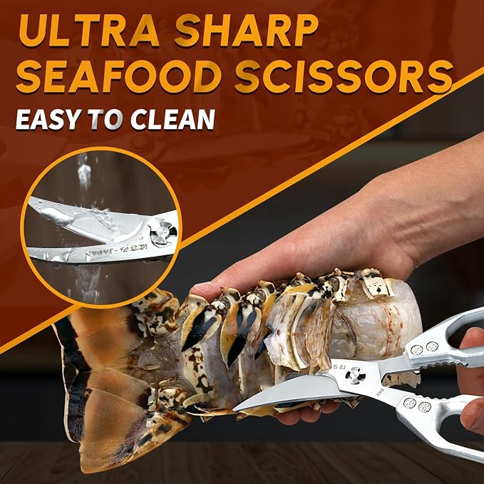 Huusk Kitchen Scissors for Food - Multifunction Kitchen Shears All Purpose | Stainless Steel Seafood Scissors for Meat, Fish, Chicken, Turkey, Ergonomic Non-Slip Silver Handle, Gifts for Women