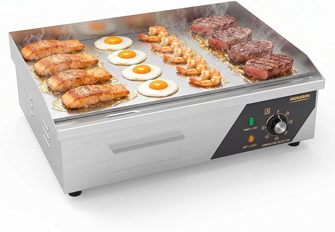 ROVSUN 22" Electric Griddle, Electric Countertop Half Flat Top Griddle, 1600W Grill Stainless Steel with Adjustable Temperature Control 122°F-572°F for Commercial Home Restaurant, Plug