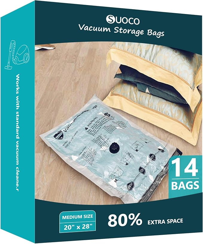 Vacuum Storage Bags, Compression Packing Space Saver Seal Bags for Clothing Bedding Comforters Blankets Pillows, 14 Medium