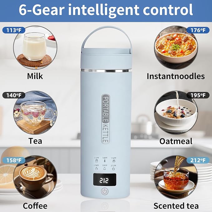 Blue Travel Electric Kettle, LCD Display with 6 Temperature Settings, 304 Stainless Steel, 450ml/15.2oz, Auto Shut-Off and Boil-Dry Protection, Compact Portable Electric Kettle