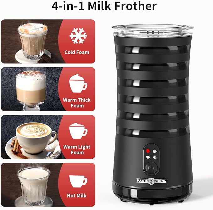 Electric Milk Frother, Paris Rhône 4-in-1 Milk Steamer and Frother, Hot & Cold Foam Milk Warmer with Temperature Control, Auto Shut-Off Frothers for Coffee, Latte,Macchiato, Cappuccino