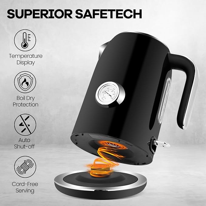 PUKOMC Electric Kettle, 1.7L Stainless Steel Electric tea kettle | Temperature Gauge, Fast Boiling, Auto Shut - off, BPA - Free, Boil - Dry Protection 1500W, LED Light, Easy clean