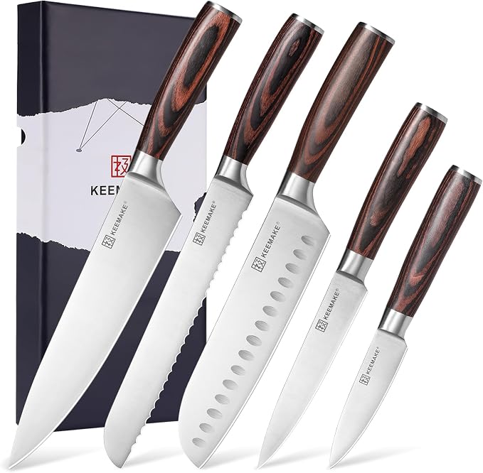 Kitchen Knife Set of 5, Professional Razor Sharp Chef Knife Set | High Carbon Stainless Steel Knives with Ergonomic Pakkawood Handle for Home Cooking