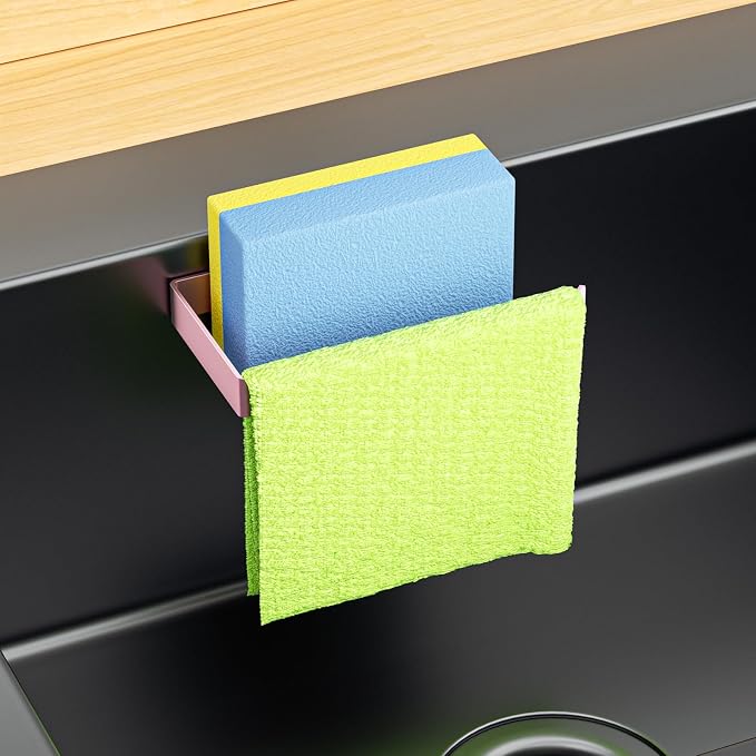 Sponge Holder for Kitchen Sink, Adhesive Dishcloth Holder, Dish Sponge Kitchen Sink Caddy 2 In 1, Metal Dishcloth Racks Sink for Dishcloths, Sponges, Brushes and Glove (Rose Gold)