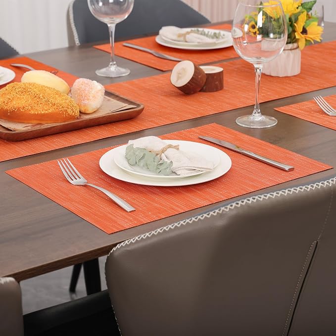 Myir JUN Placemats Set of 6 Kitchen and Dining Table Placemats | Vinyl Placemats Place Mats Indoor/Outdoor Set of 6 Washable Table Mats Non-Slip Place mats for Dining Table, Orange
