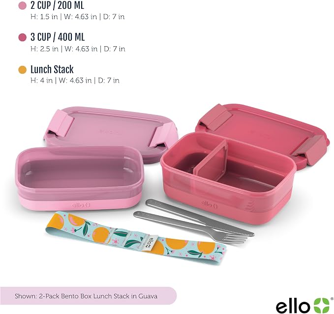Ello Lunch Stack Bento Box, 2-Pack Guava One Size | Leakproof bento box food containers, 2 pack. BPA-free, great for meal prepping, school & office lunches, and leftovers.