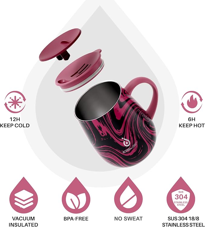 Ideus 16 oz (470 ml) Insulated Coffee Mug with Handle and Lid, Double Wall Stainless Steel Vacuum Thermal Coffee Mug, Travel Coffee Cup Thermal Cup for Home and Office (Red Zebra)