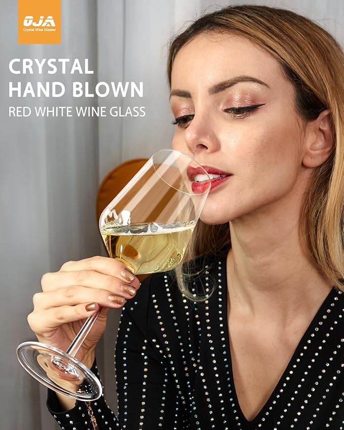 OJA Wine Glasses Set, Crystal Red Hand Blown Wine Glass, Set of 4, 17 oz | Long Stem, Thin Rim, Large, Tall, Premium, Perfect for Red or White, Daily Use, Unique Wedding Anniversary or Birthday Gift