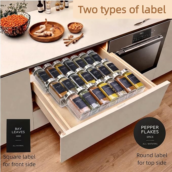 Glass Spice Jars with Labels, Seasoning Jars; 26 Pcs Stainless Steel Lids/Airtight Lids Keep Spice Fresh; Pepper Grinder Lid, 360 Labels, Funnel and Brush, Shaker Inserts; 4 oz Jar Set