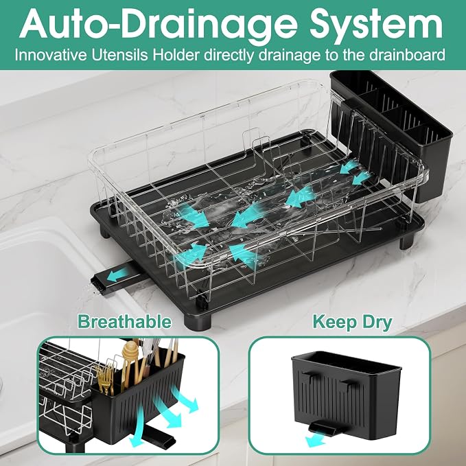 Hiviweer Dish Drying Rack - Space-Saving Dish Rack,Dish Racks for Kitchen Counter with Drainboard, Rustproof Dish Drainer with a Removable 4-Compartment Utensil Holder,Black-White