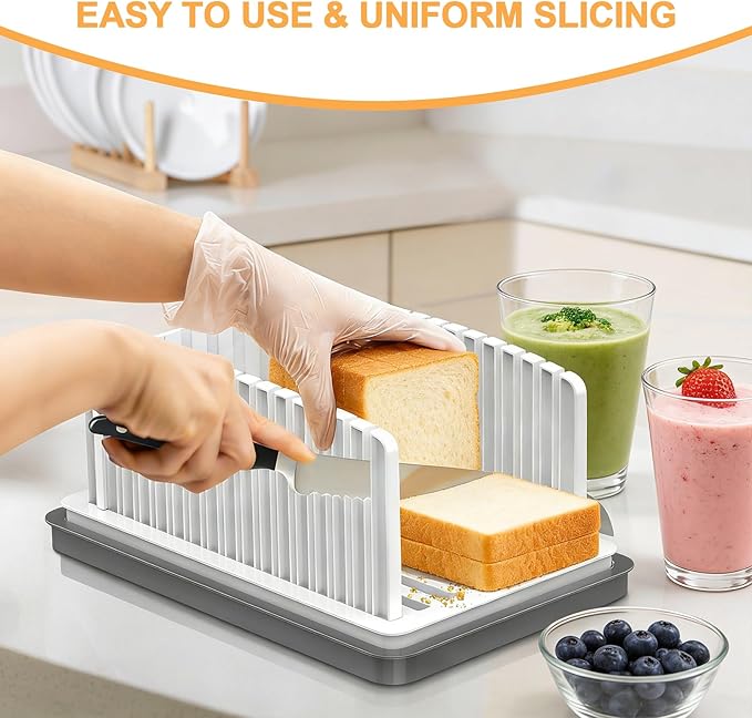 Kiss Core New Upgrade Bread Slicer for Homemade Bread with Adjustable Width | Bread Slicing Guide Foldable and Compact Cutting Guide with Crumb Tray Suitability for Homemade Bread Bagel Cakes