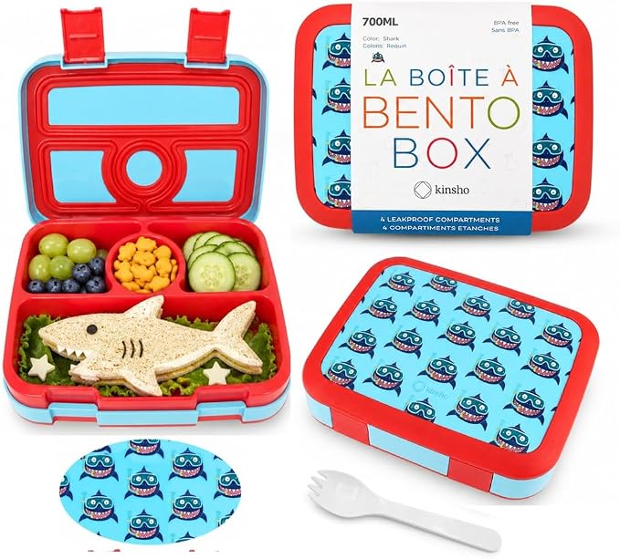 kinsho Lunch Box for Kids Toddlers Boys, BPA Free Bento, Removable Tray, Pre-School Kid Daycare Lunches Snack Container Ages 3 to 5, Cute Baby Blue Shark