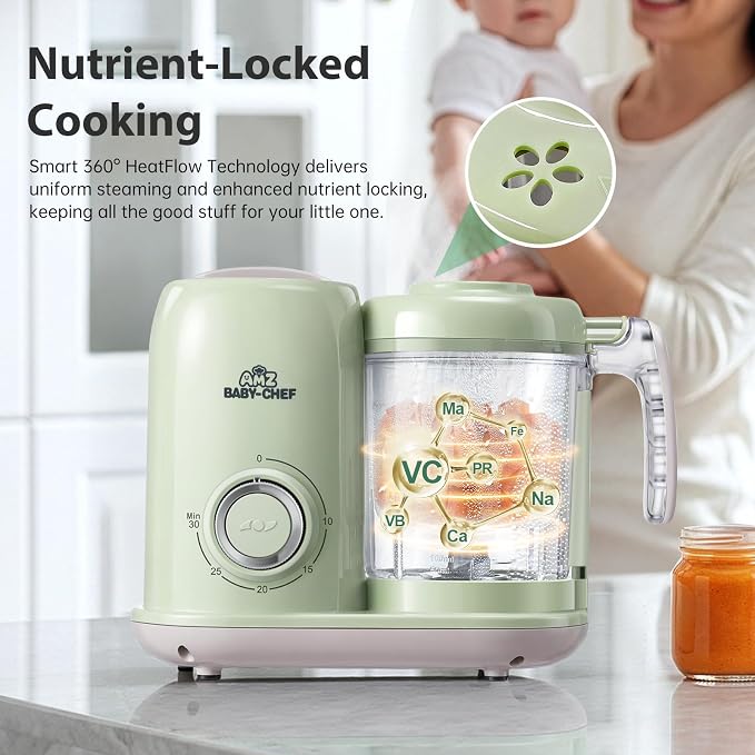 AMZBABYCHEF Baby Food Maker, 4 in 1 Baby Food Processor and Steamer, Puree Blender, Multifunctional Baby Puree Maker, Dishwasher Safe (Green)