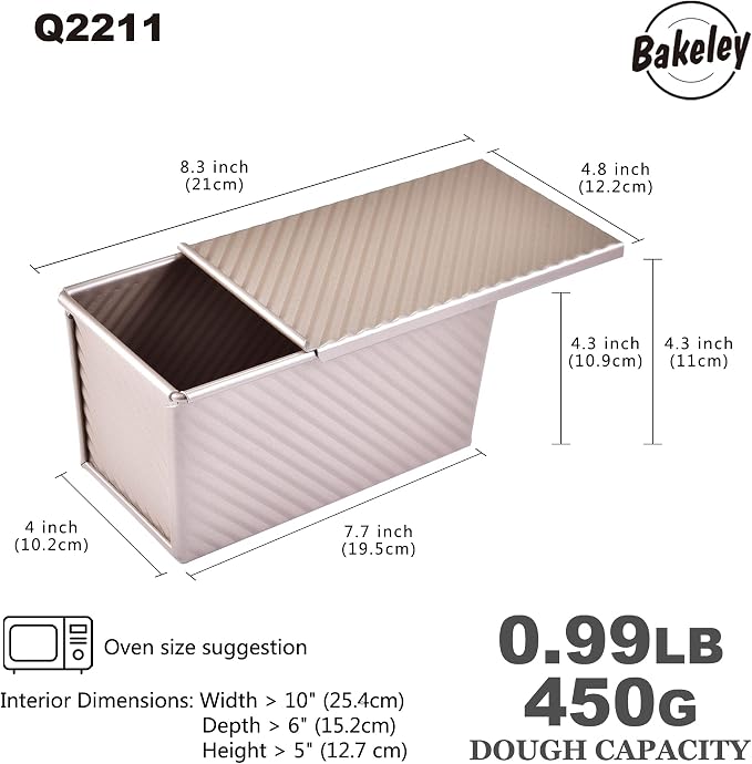 Pullman Loaf Pan with Lid, 1Lb Non-Stick Rectangle Corrugated Toast Box for Oven Baking, Dough Capacity 8.3" x 4.8" x 4.3"(Champagne Gold)