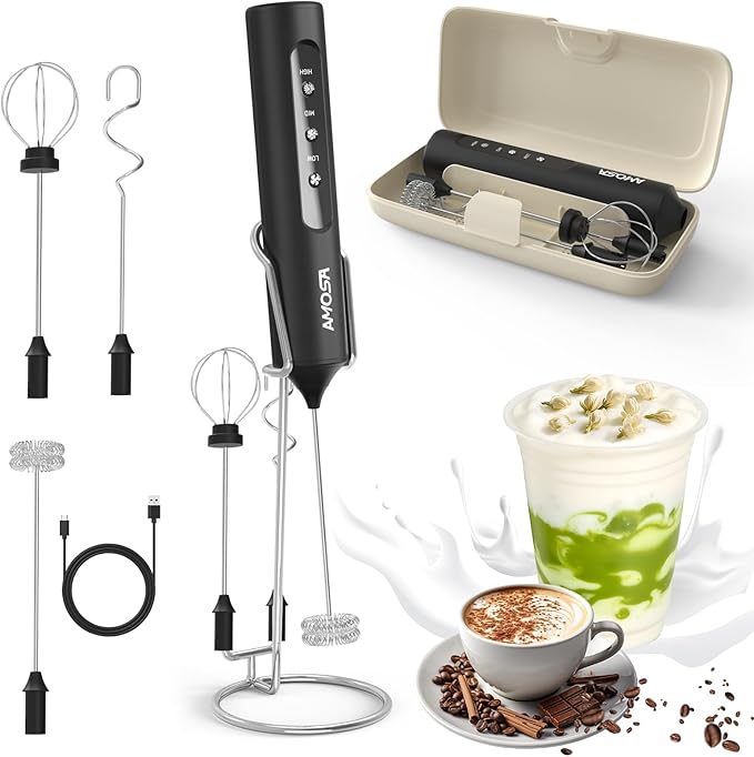 AMOSA Milk Frother Handheld with Stand & Case, 3-Speed & 3 Whisks | Rechargeable Handheld Milk Frother Wand for Latte, Milk, Cream, Egg, Coffee, Cappuccino