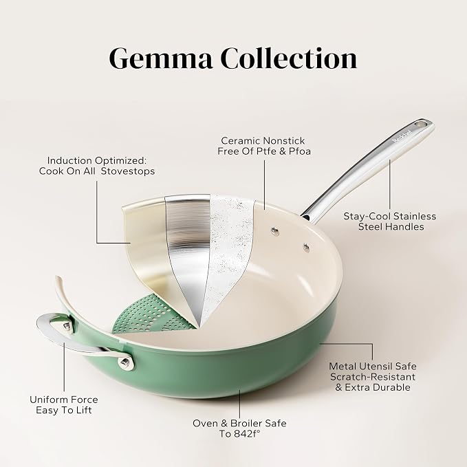 Redchef Ceramic Saute Pan with Lid, Nonstick Deep Frying Pan, 5QT Jumbo Cooker with Helper Handle & Lid, Non Toxic Ceramic Cooking Pan, Chef Pan, Dishwasher & Oven Safe, PFAS PFOA & PTFE Free（Green）