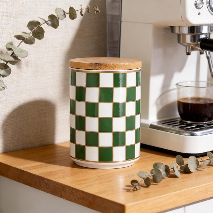 Kitchen Countertop Ceramic Checkered Canisters,Black And White Food Storage Containers With Lid,Airtight Kitchen Canisters for Flour, Sugar, Coffee, Tea, and Dry Goods (Green, Small)