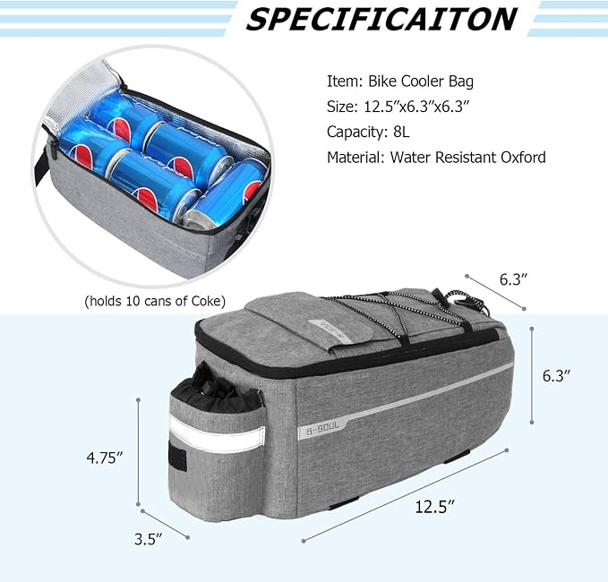 RAYMACE Bike Rear Rack Bag, Bike Trunk Cooler Bag | Bicycle Pannier for Warm or Cold Items(Grey)