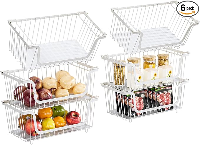 6 Pcs Stackable Wire Baskets for Pantry Organizers and Storage, | Vegetable Fruit Basket for Countertop,Kitchen Storage Metal Baskets,Produce Potato Onion Storage Bin,White