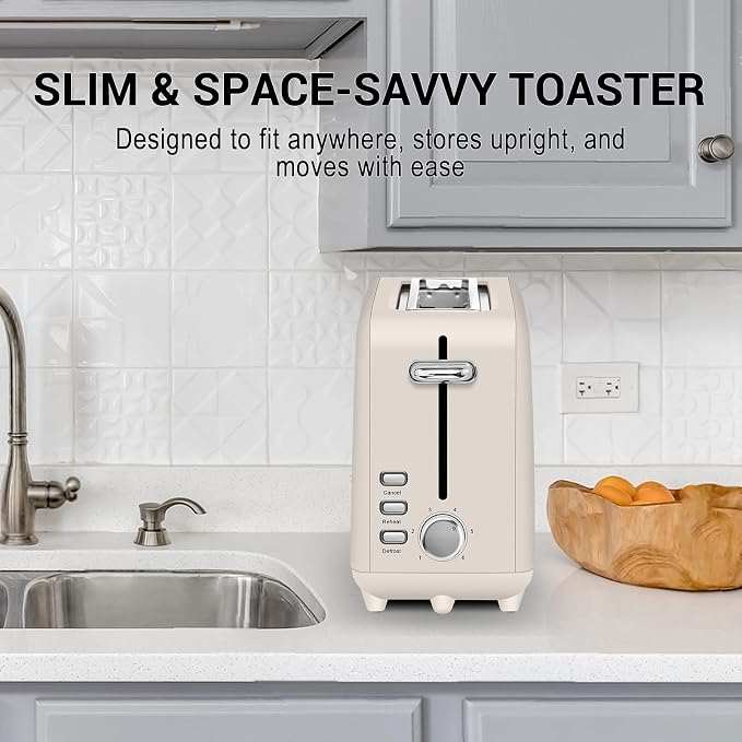 SEEDEEM Stainless Steel Toaster 2 Slice Slim, 10" Single Long Slot, Oatmilk | 6 Shade Settings, Extra Wide Slot Fits Bagels & Artisan Bread, Defrost, Cancel Function, Removable Crumb Tray