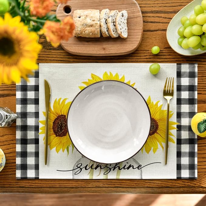 Artoid Mode Buffalo Plaid Sunflower Sunshine Vase Summer Placemats Set of 4, 12x18 Inch Spring Table Mats for Party Kitchen Dining Decoration