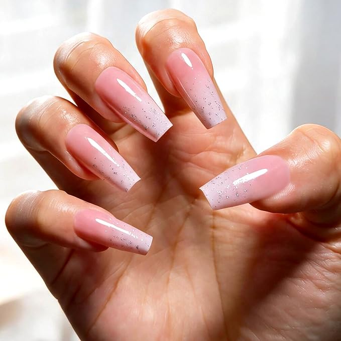 Press on Nails, 6 Packs (144 Pcs) Medium Square French Sets, Pink Charms