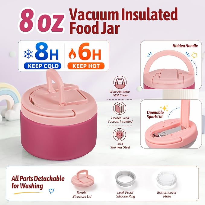 Bento Lunch Box Set for Kids with 8 oz Soup Thermo, Leakproof Hot Food Container with 4 Compartments, Insulated Food Jar for Toddler Daycare Boys Girls School - Pink