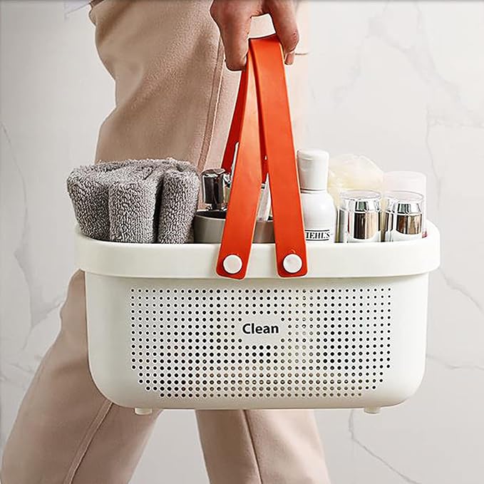 JiatuA Plastic Storage Basket with Handle Portable Shower Caddy Tote Organizer Basket Bin for Bathroom Kitchen Dorm Room Bedroom, Pink | Sturdy Drainage Large Capacity Organizer Basket with Silicone Handles for Bathroom Kitchen Bedroom College Dorm Ess...