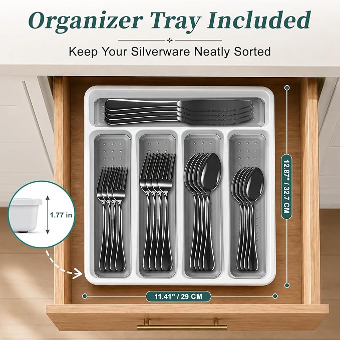 Black Silverware Set with Organizer, 45-Piece Stainless Steel Cutlery Set | Flatware Set for 8, Includes Forks, Knives, Spoons & Serving Utensils, for Dining, Entertaining & Housewarming