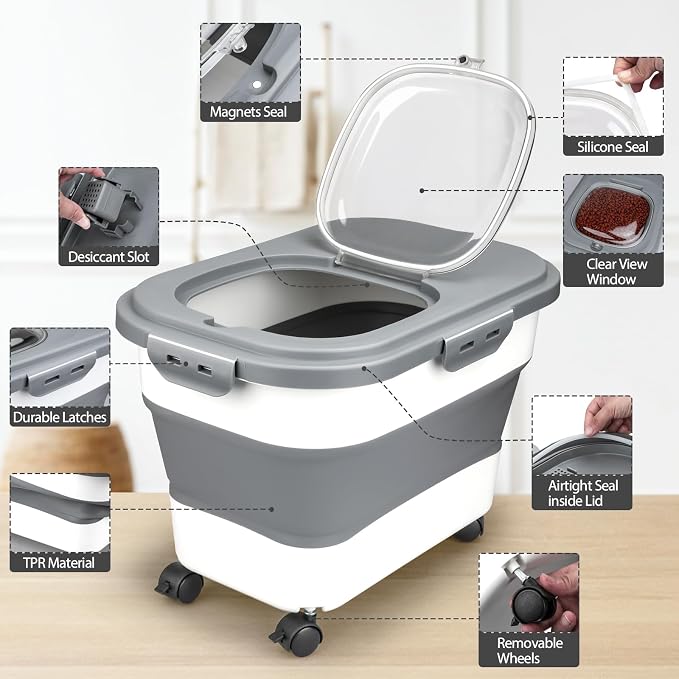 Viretec Dog Food Storage Container, 10-20Lbs Collapsible Pet Food Storage Containers with Rolling Wheel Airtight Locking Lid, Dry Food Storage Bin with Cup and Scoop,Suitable for Pet Food, Rice, Flour