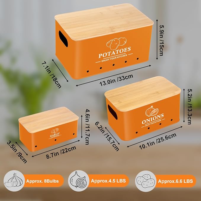Kitchen Vegetable Storage Set of 3, Metal Onion Garlic Potato Storage Set, Kitchen Canisters Vegetable Keeper Containers with Aerating Holes and Bamboo Lid,Orange
