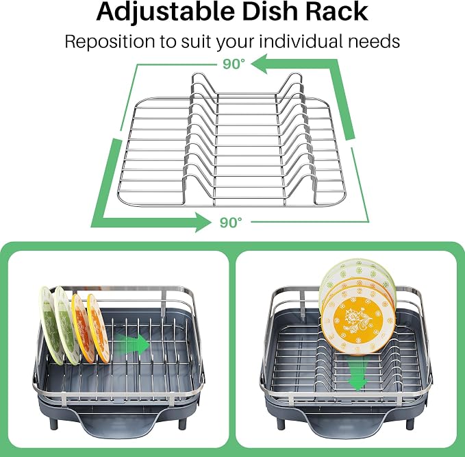 SAYZH Expandable Dish Drying Rack for Small Kitchen Counter, Grey | Stainless Steel, Protective Guardrail, Angled Drainboard, Fits High-Rim Sinks, Removable Utensil Holder