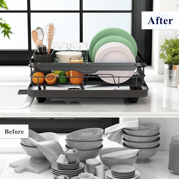 Kitsure Dish Drying Rack for Kitchen Counter, 12.2''W x 15.7''~23''L, Black | Stainless Steel Sink Organization, Cutlery Holder, Home and Appartment Decor