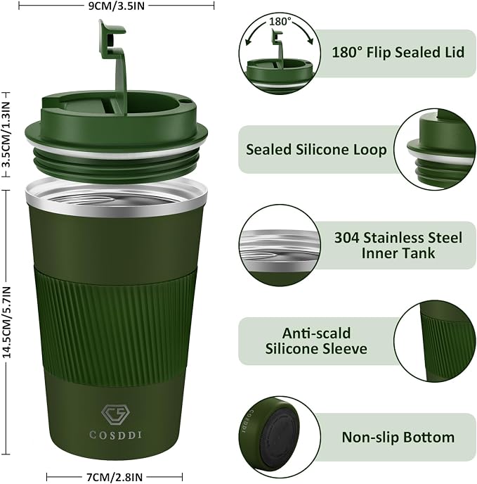 CS COSDDI 12 oz Coffee mug - Stainless Steel Coffee Cup with Leakproof Lid | Stainless Steel Double-wall insulation, 6-Hour Heat Retention, 360°Leak proof, BPA-free, Reusable And To Go Coffee Mug