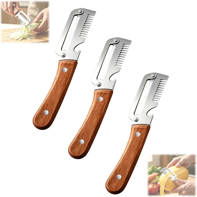 Vegetable Peeler for Kitchen,Multifunctional Vegetable Peeler With Wooden Handle And Bottle Opener,Vegetable Peelers,2-in-1 Stainless Steel Kitchen Tool for Fruit Apple Potato Pumpkin Papaya(3pcs)