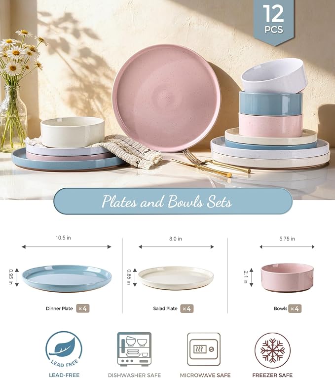 AmorArc Stoneware Dinnerware Sets for 4,12Pcs Plates and Bowls Set | Handmade Ceramic Dish Set,Dishwasher & Microwave Safe,Scratch Resistant-Colorful