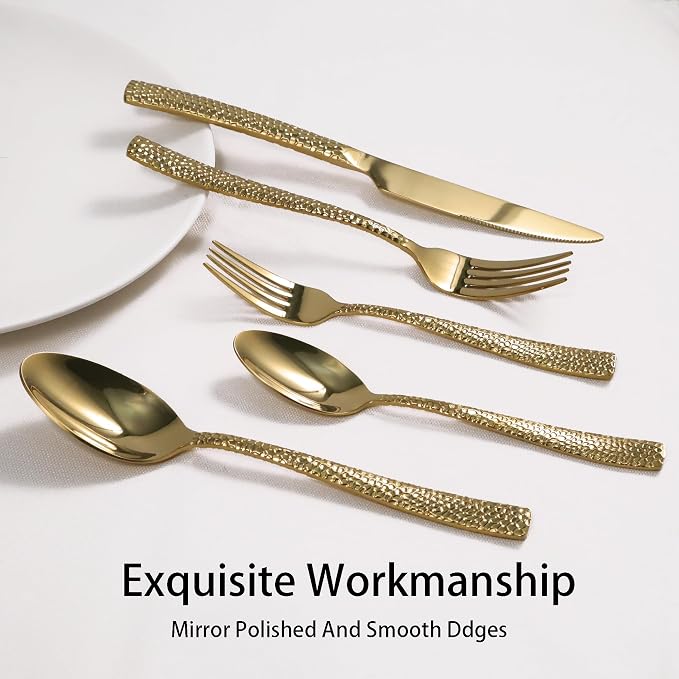 Gold Hammered Silverware Set, 20 Piece Stainless Steel Flatware Set for 4, Food-Grade Tableware Cutlery Set for Home Restaurant, Mirror Polished, Dishwasher Safe