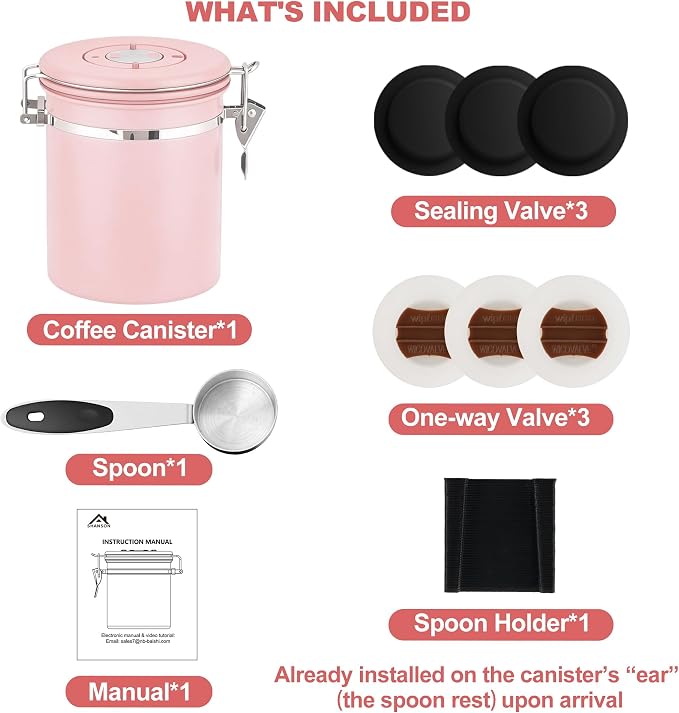 ShanSon Coffee Canister Airtight, Stainless Steel Bean Storage Container with Date Tracker & Scoop, Grounds Sugar Flour Tea Cereal Fits Kitchen Pantry, Ideal Gift for Coffee Lovers,12oz, Pink