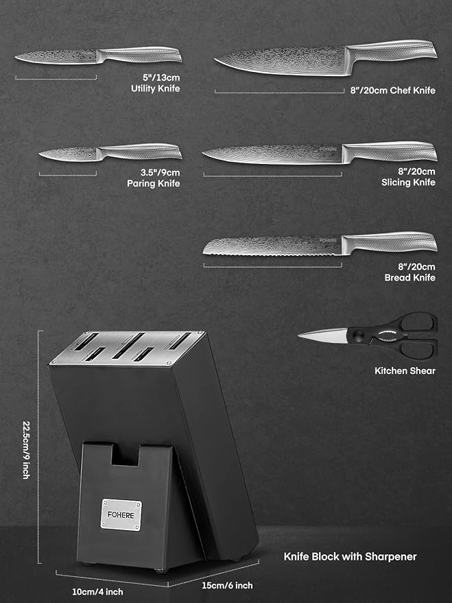 Knife Set, FOHERE 7 Pieces Kitchen Knife Set with Built-in 5 x Sharpeners, Waved Texture Knife Set with Block, Stainless Steel Knife Block Set, Sharp Knives Set with Ergonomic Handle