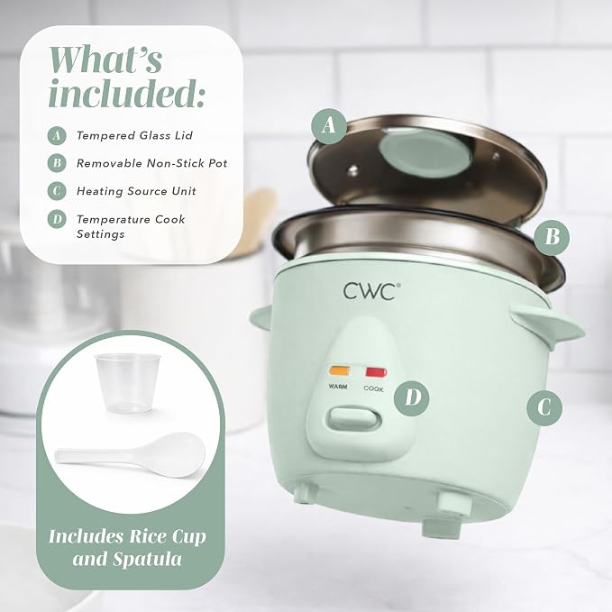 COOK WITH COLOR 6 Cup Rice Cooker 300W - Effortless Cooking and Perfectly, Cooks 3 Cups of Raw Rice for 6 Cups of Cooked Rice, Sage