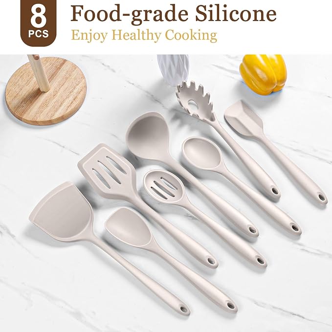 LIANYU Non-Toxic Kitchen Cooking Utensils Set, 8Pcs Khaki Silicone Utensils | Stainless Steel Core, Non-Scratch Spatula Spoon Turner, Heat Resistant & Dishwasher Safe