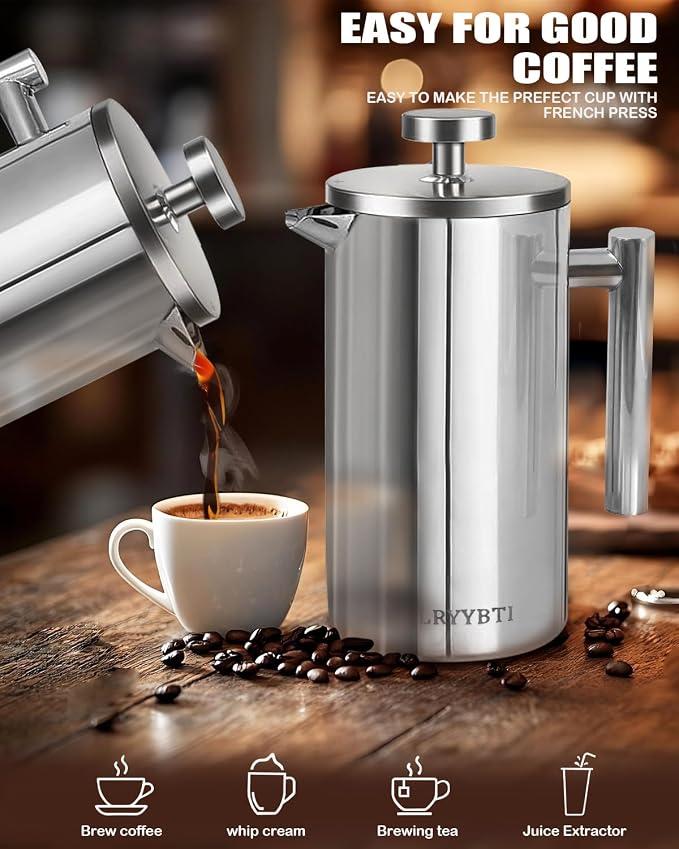 French Press Coffee Maker, Silver, 50 OZ (1.5 Litre) | 304 Stainless Steel Coffee Press with scale lines and 2 Extra Filters for Kitchen & Camping