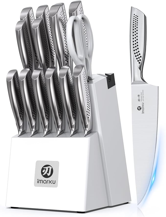 imarku 15PCS Knife Set, High Carbon Stainless Steel Blades with Sharpener | Rust-Resistant Design, Long-Lasting Sharpness, Comfortable Grip, Easy Cleaning, Durable Daily Performance, Organized Storage