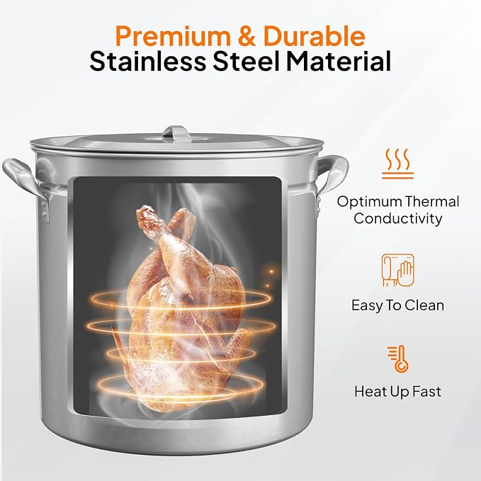 Bonnlo 102QT Stainless Steel Stock Pot for Boiling Seafood, Crawfish lobster & Crab, Frying Turkey & Steaming Tamales, Large Boil Pot with Steamer Basket, Lid, Lifting Hook for Outdoor Cooking Patio